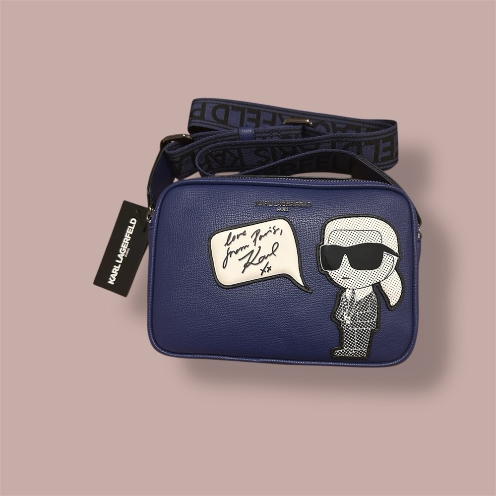 Karl Lagerfeld Navy Leather Crossbody  Bag with Cartoon Karl Patch